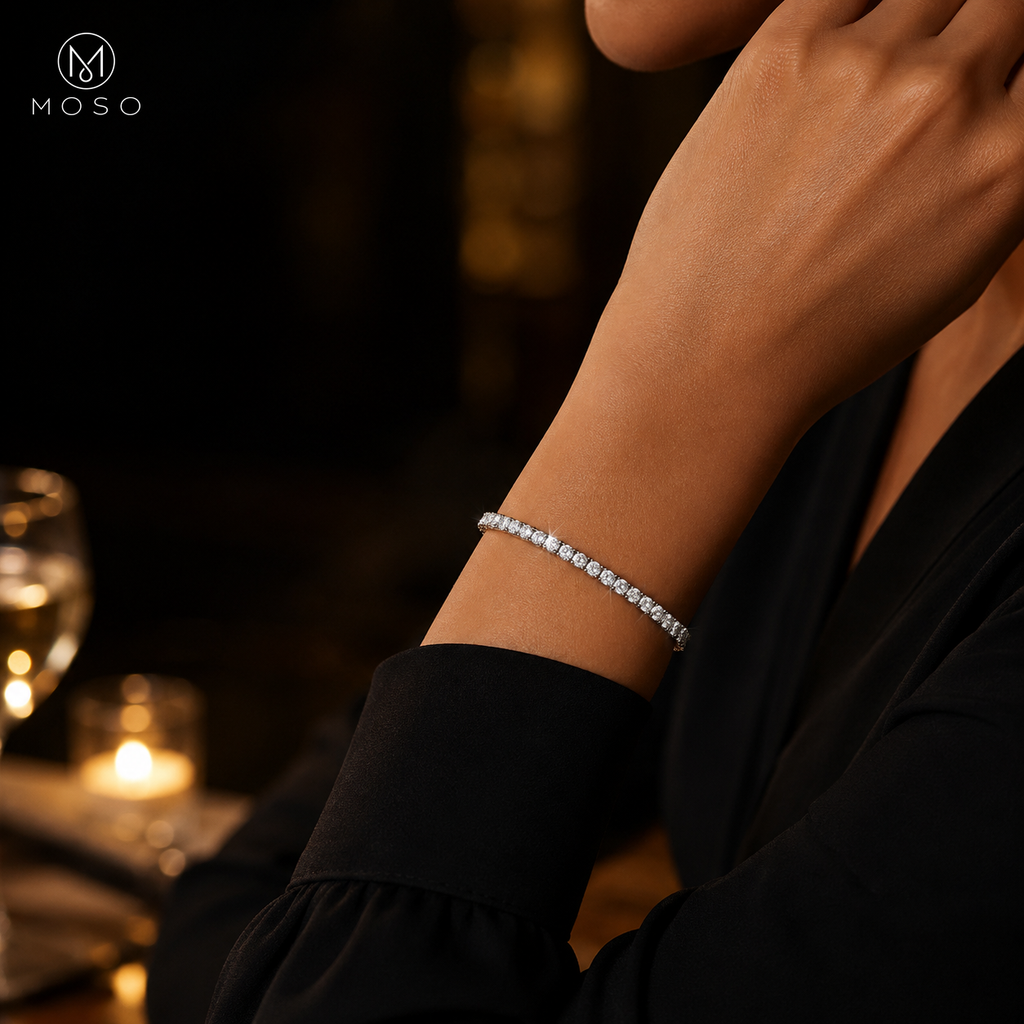 Addison round moissanite tennis bracelet styled for evening