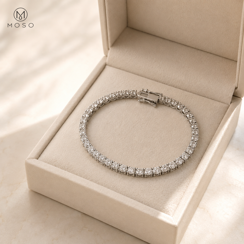 Addison moissanite tennis bracelet in an ivory gift box