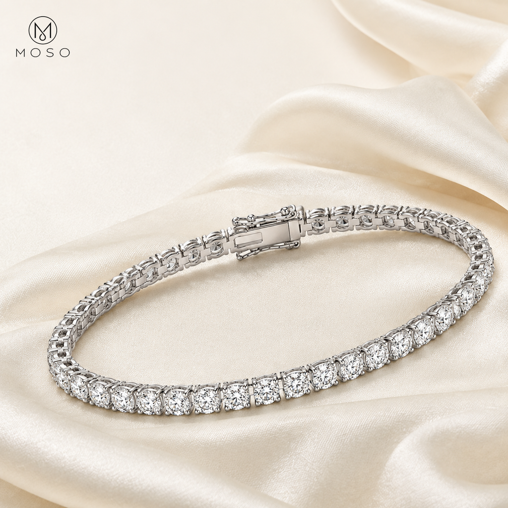 Addison round moissanite tennis bracelet on ivory silk