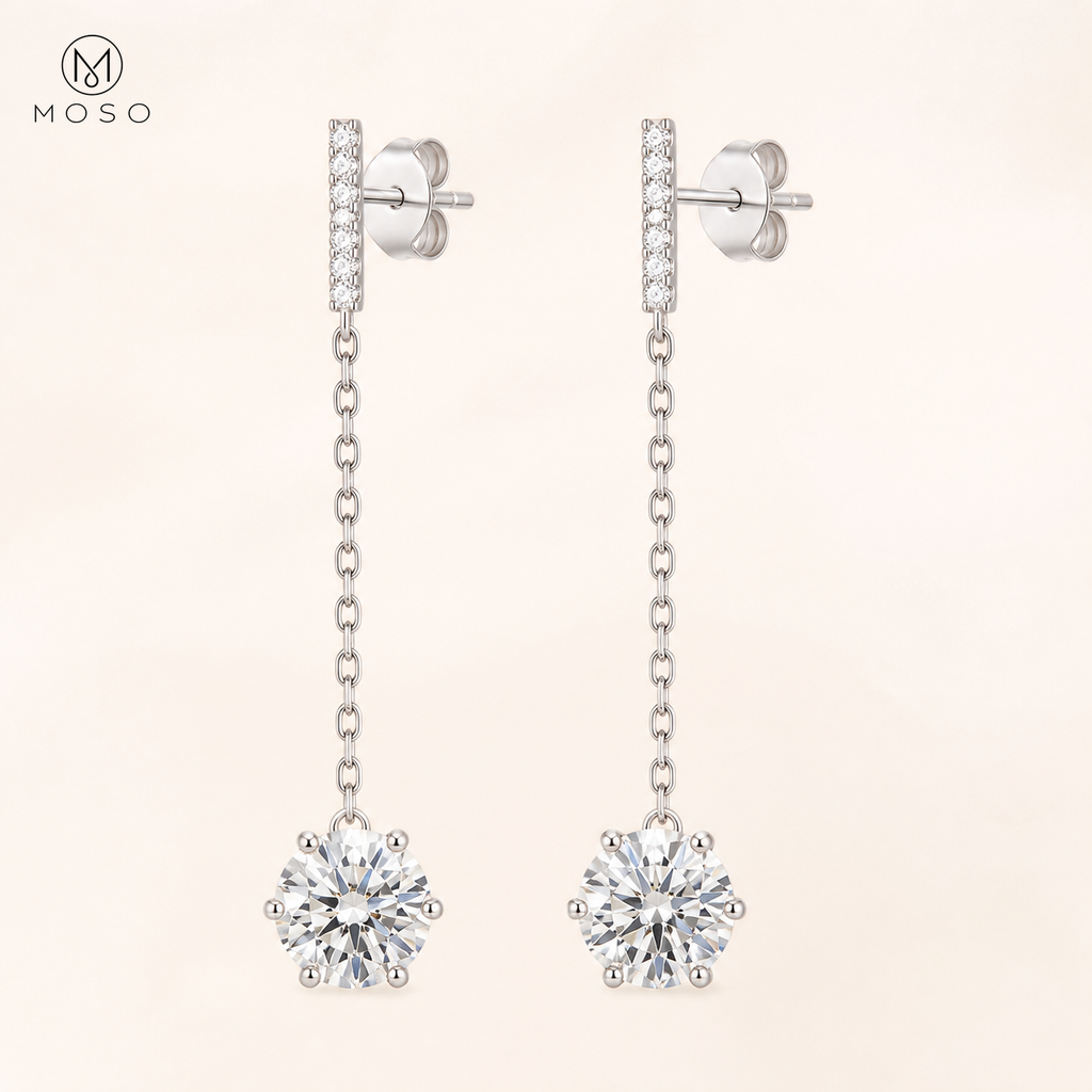 Alice 6.5mm round moissanite long drop earrings