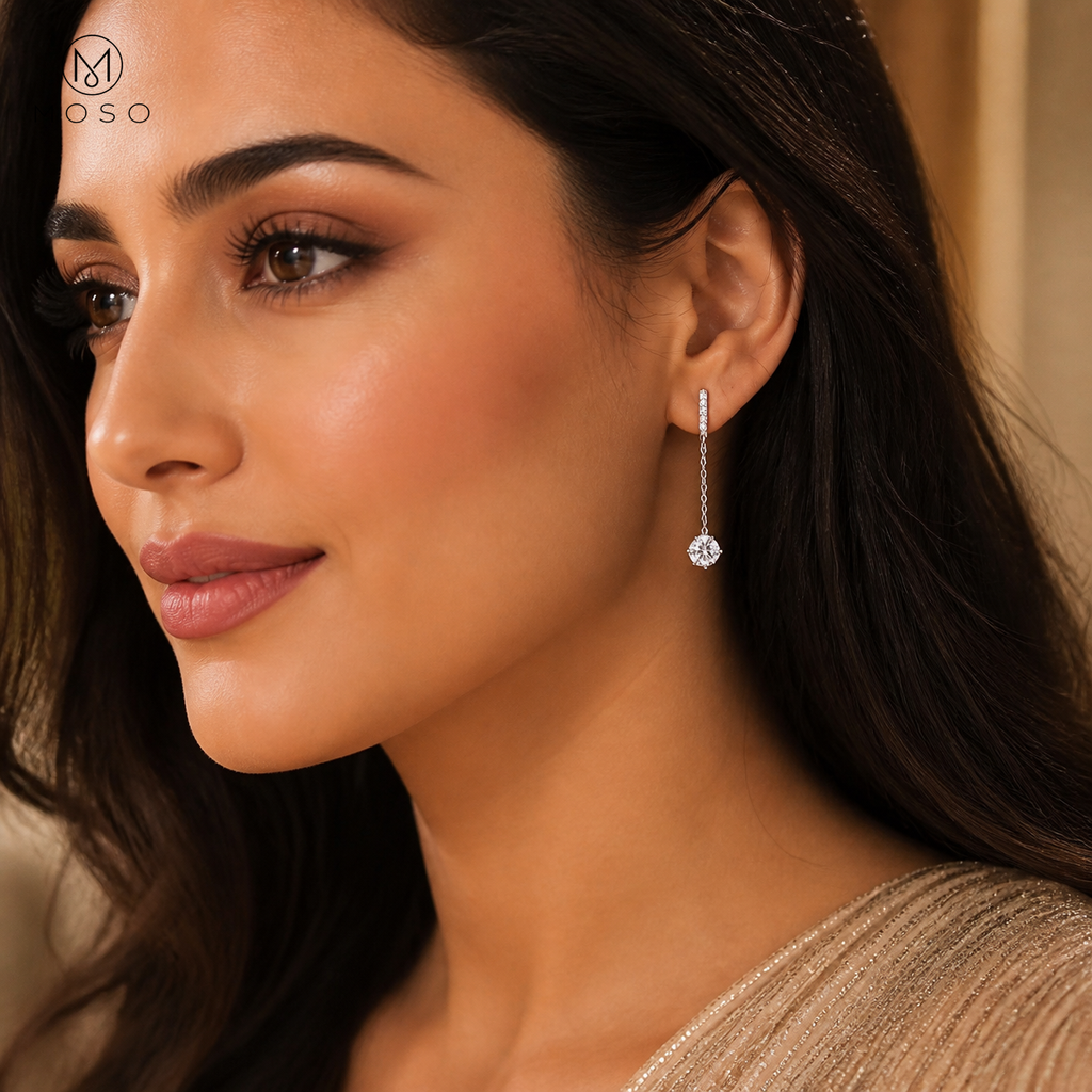 Alice round moissanite chain drop earring styled for evening