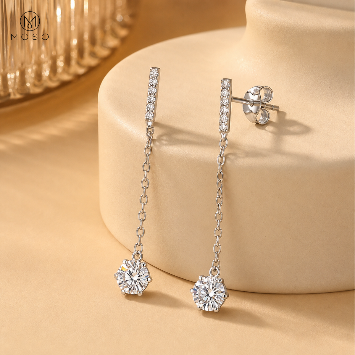 Alice round moissanite long drop earrings editorial