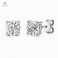 Amelia round moissanite stud earrings in silver tone on a white background