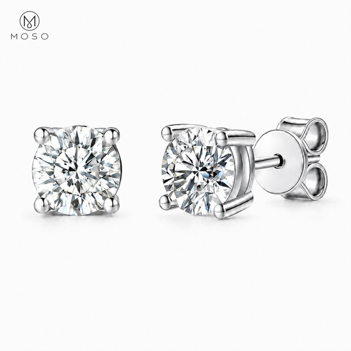 Amelia round moissanite stud earrings in silver tone on a white background