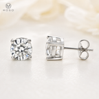 Amelia round moissanite stud earrings front and side view