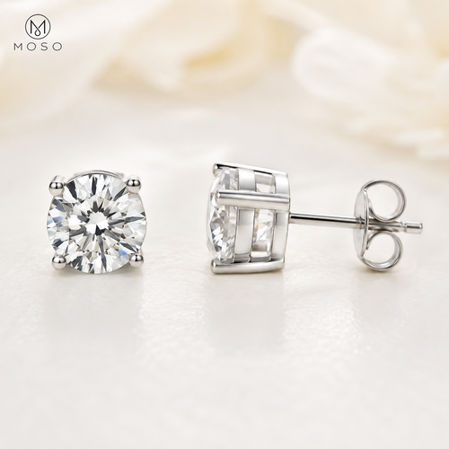 Amelia round moissanite stud earrings front and side view