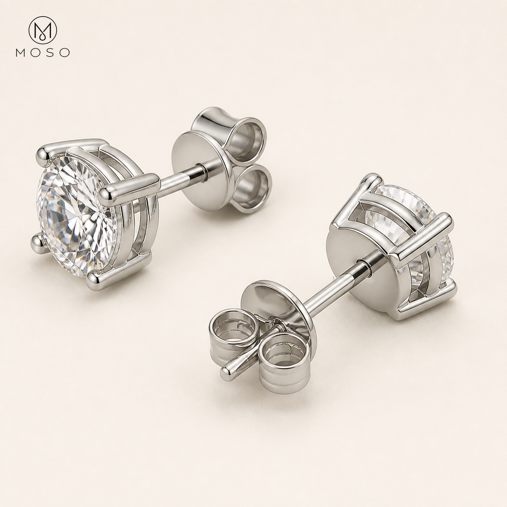 Amelia moissanite stud earrings basket setting and butterfly backs