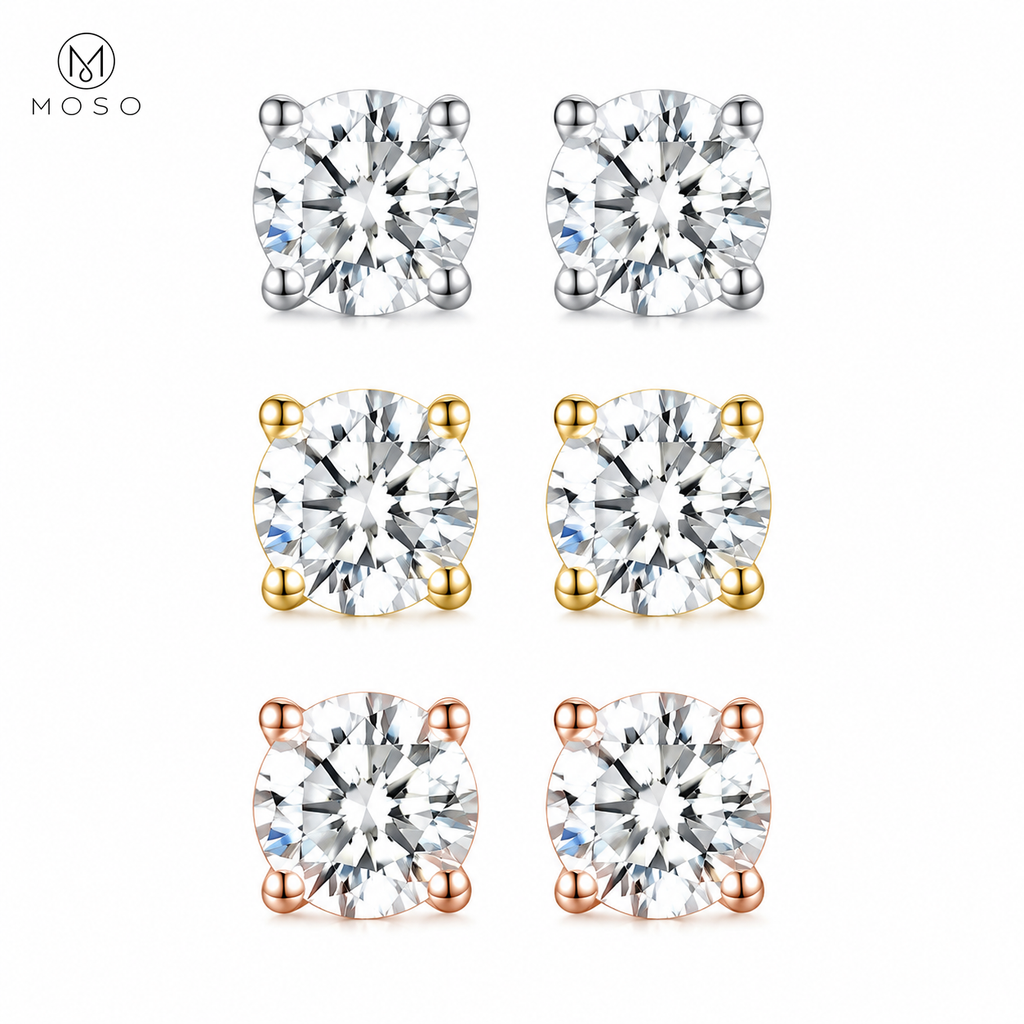 Amelia moissanite stud earrings in silver gold and rose gold tones