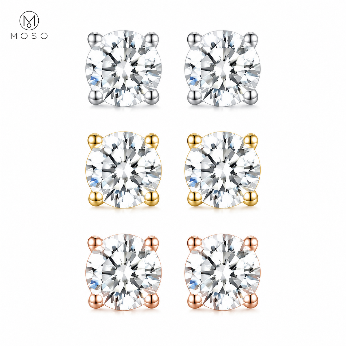 Amelia moissanite stud earrings in silver gold and rose gold tones