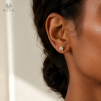 Amelia gold tone round moissanite stud earring worn on the ear
