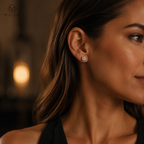 Amelia round moissanite stud earring styled for an evening look