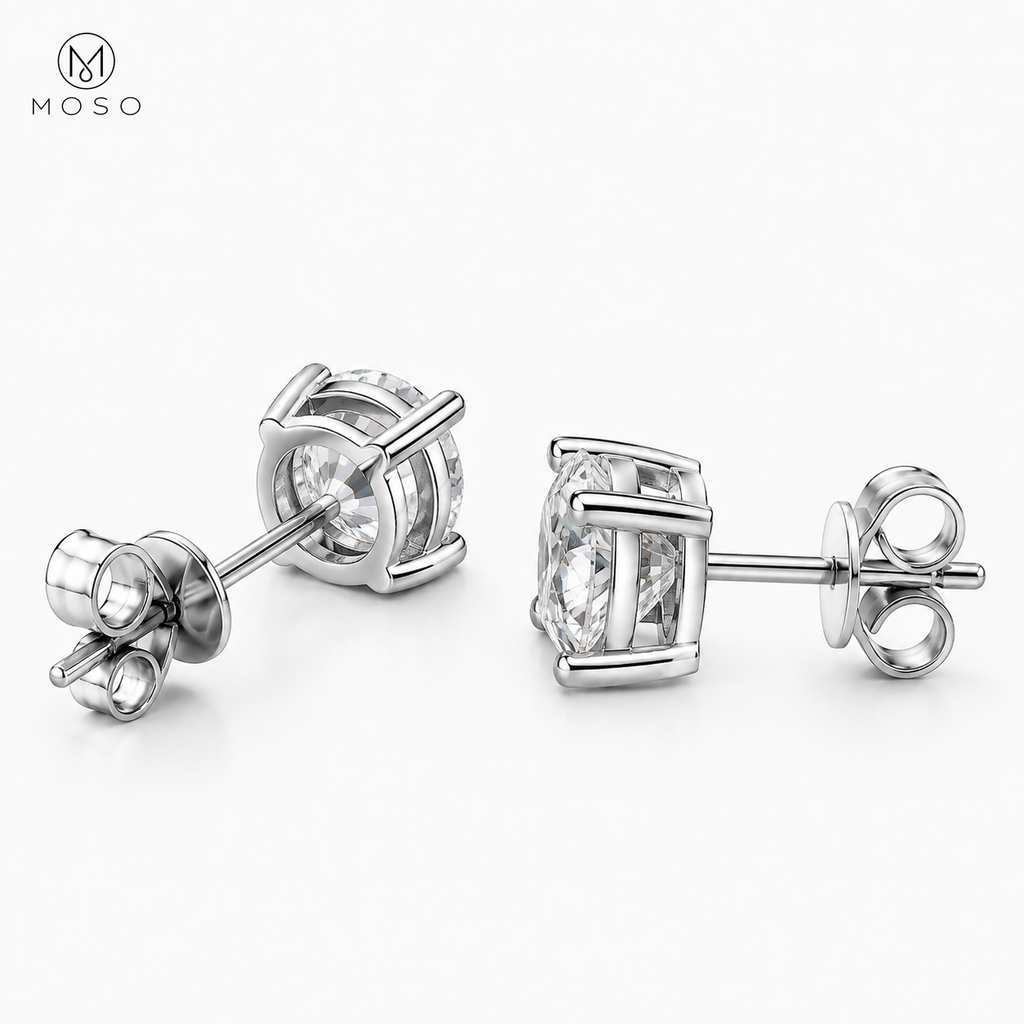 Amelia round moissanite stud earrings four prong basket and back detail