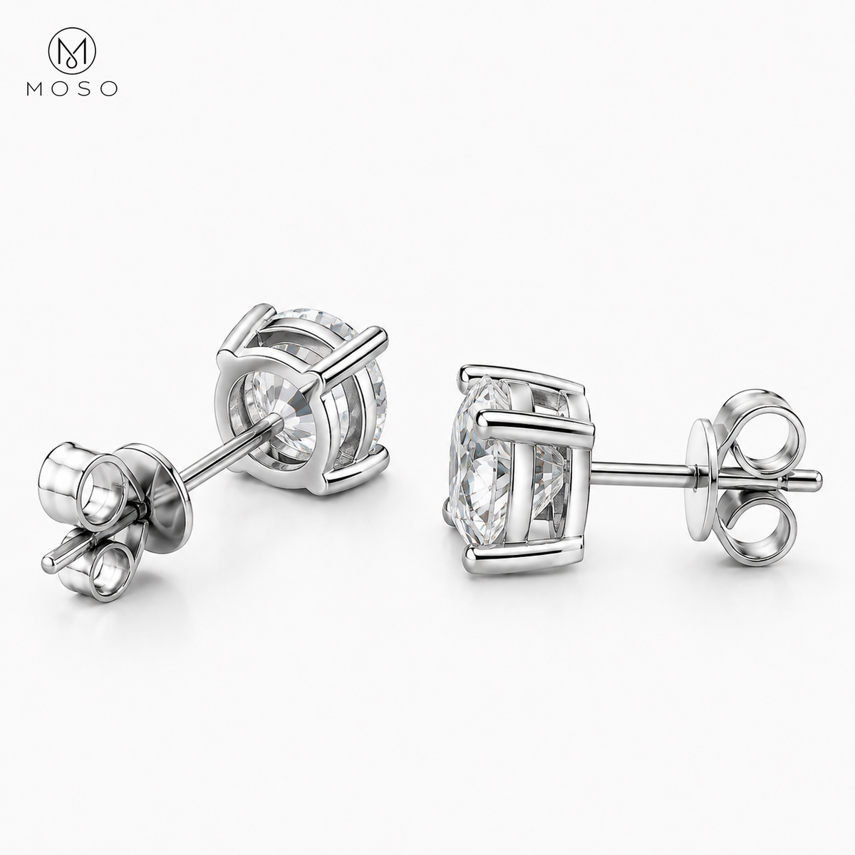 Amelia round moissanite stud earrings four prong basket and back detail
