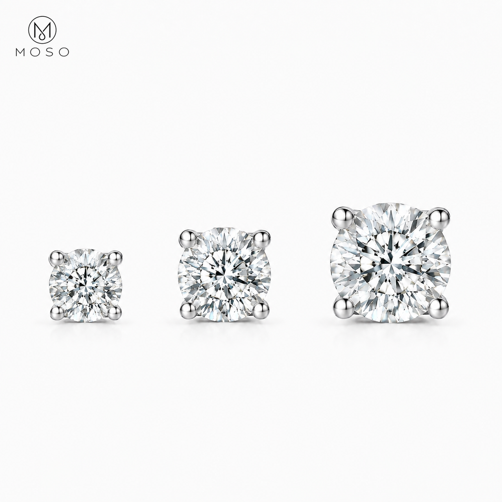 Amelia round moissanite stud earrings representative stone size range