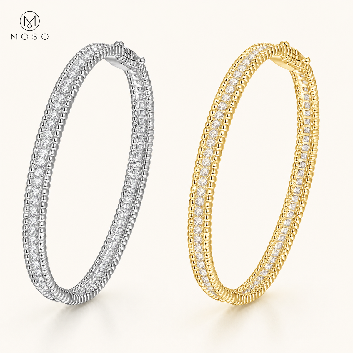 Aria silver and gold tone moissanite bangle finishes