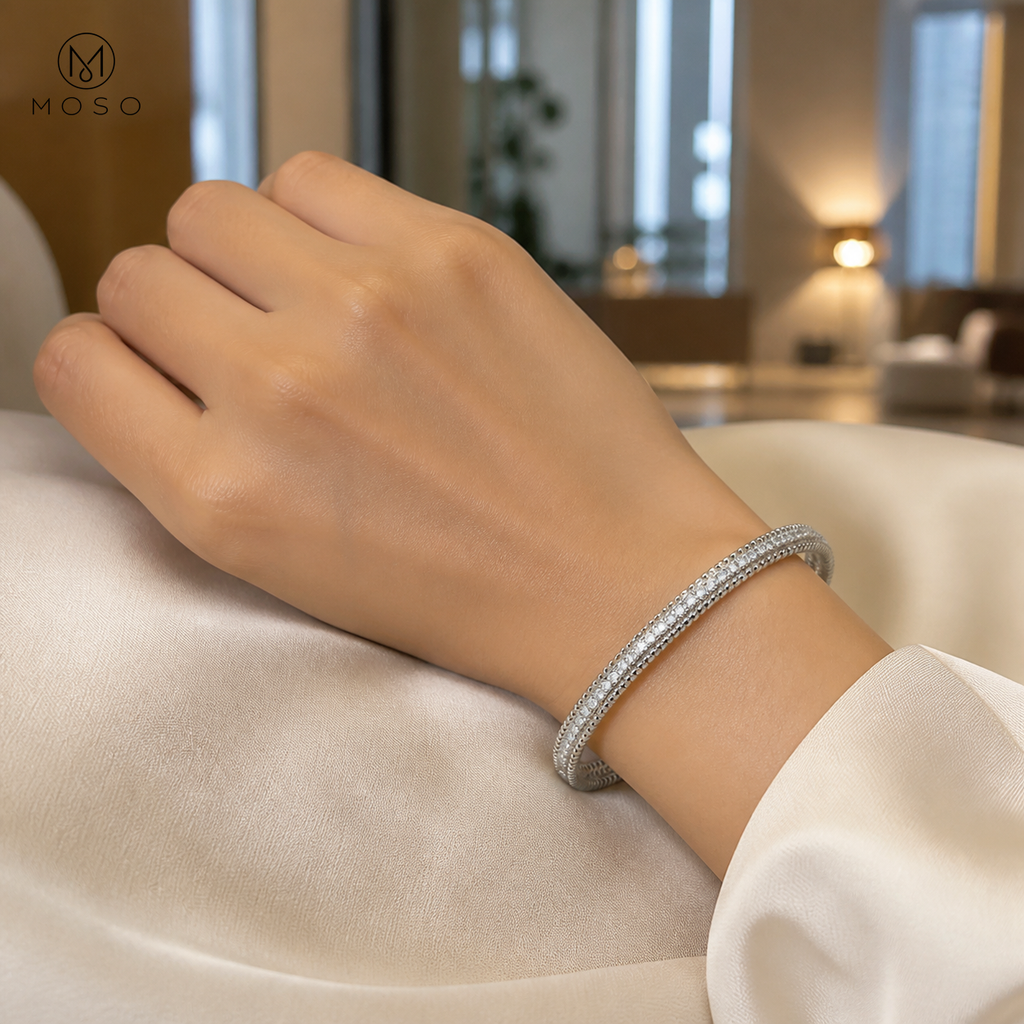 Aria silver tone moissanite bangle worn on wrist