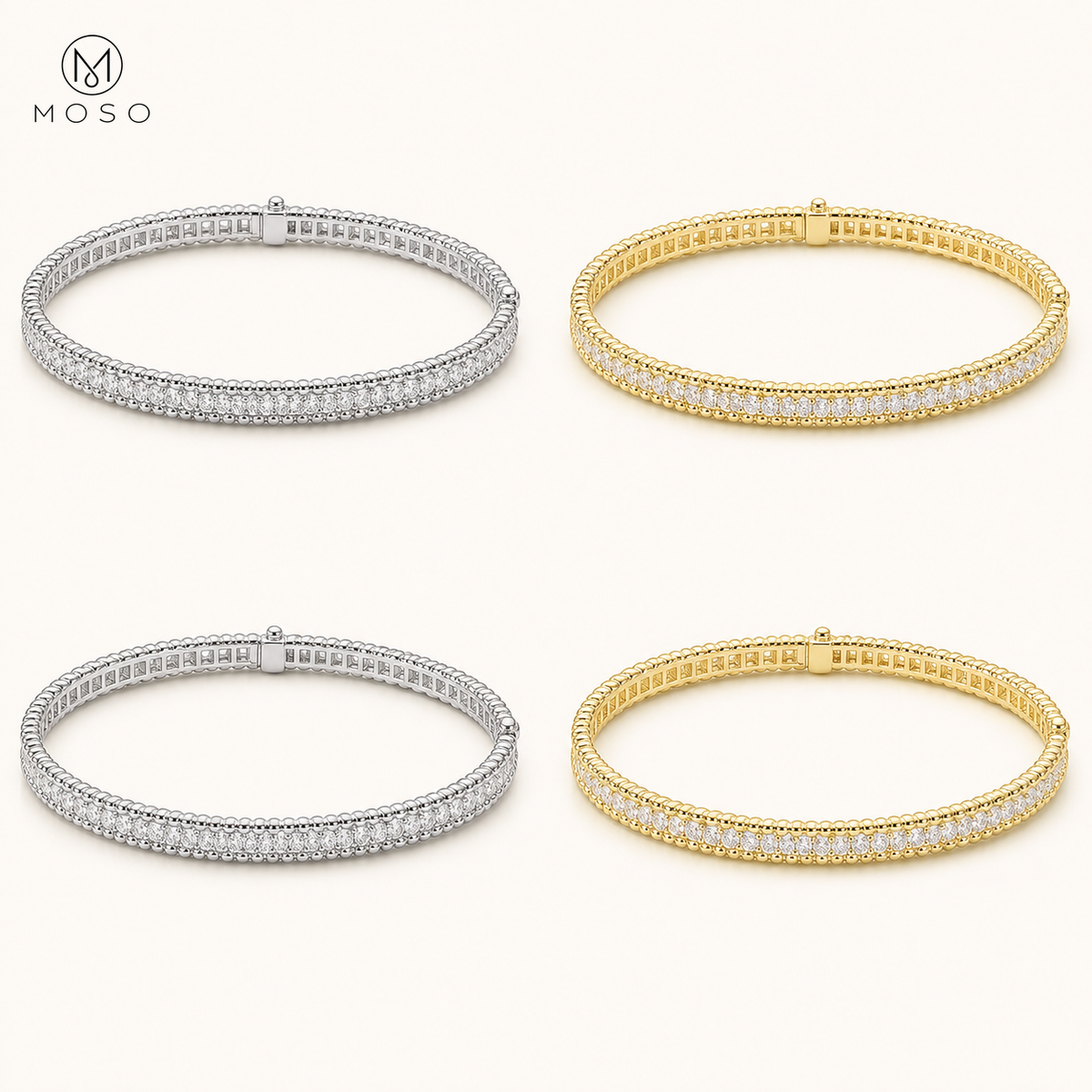 Aria silver and gold tone Moissanite bangle finish options