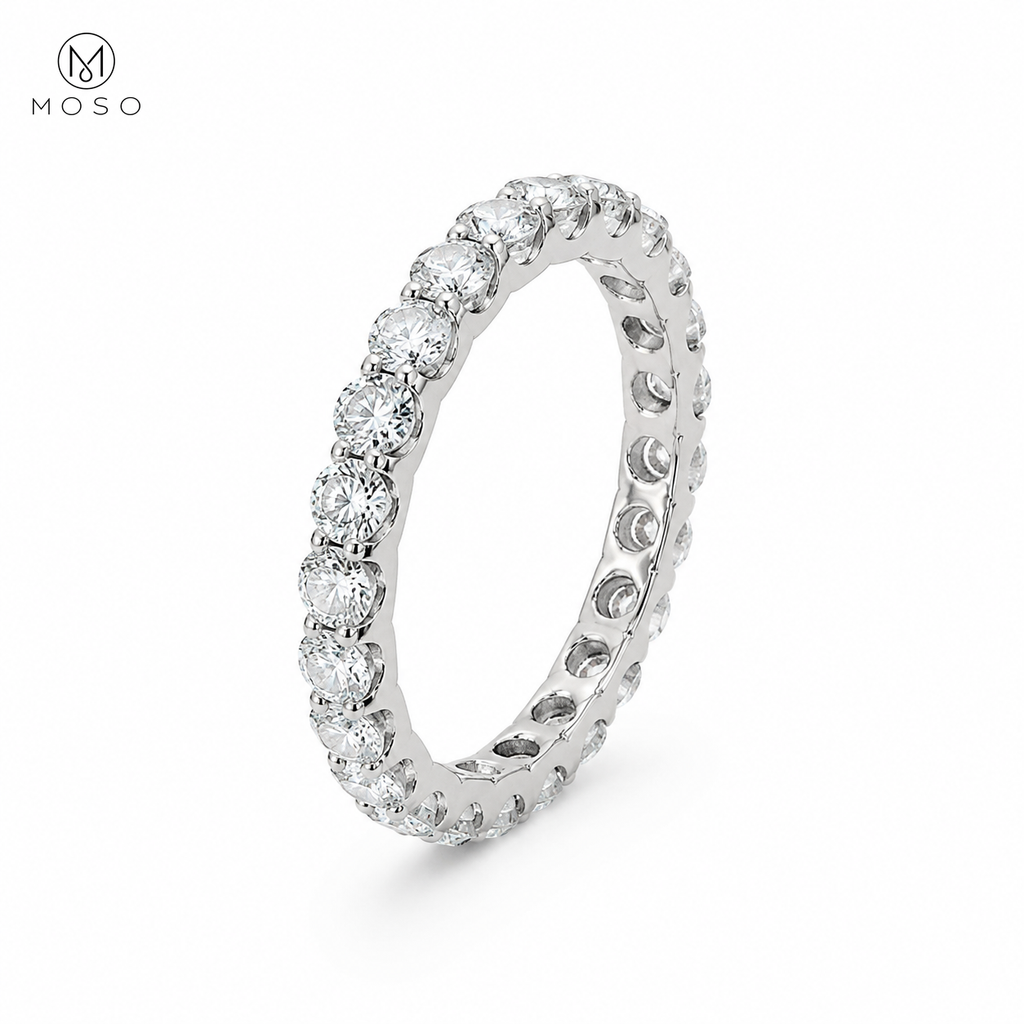 Ashley round moissanite full eternity ring on a clean white background