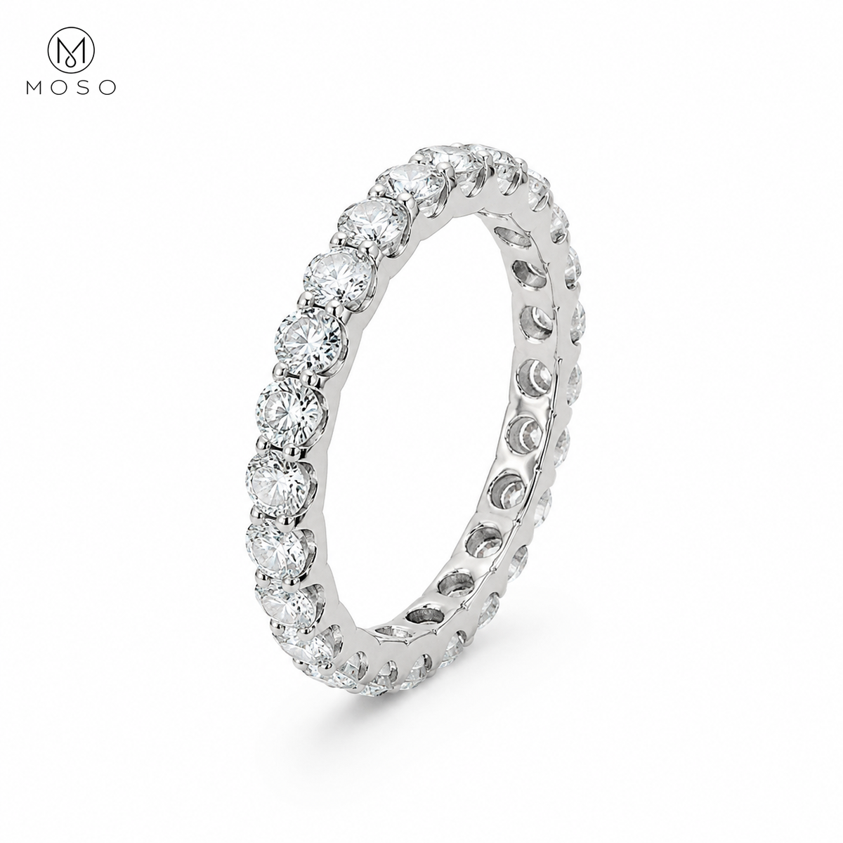 Ashley round moissanite full eternity ring on a clean white background