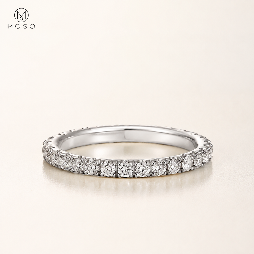 Ashley 3mm round moissanite eternity ring low side view