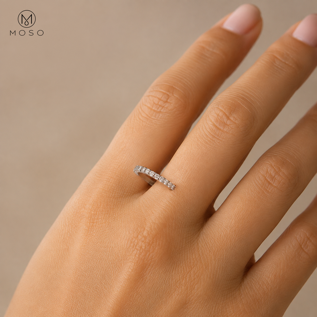 Ashley 3mm moissanite full eternity ring worn on hand