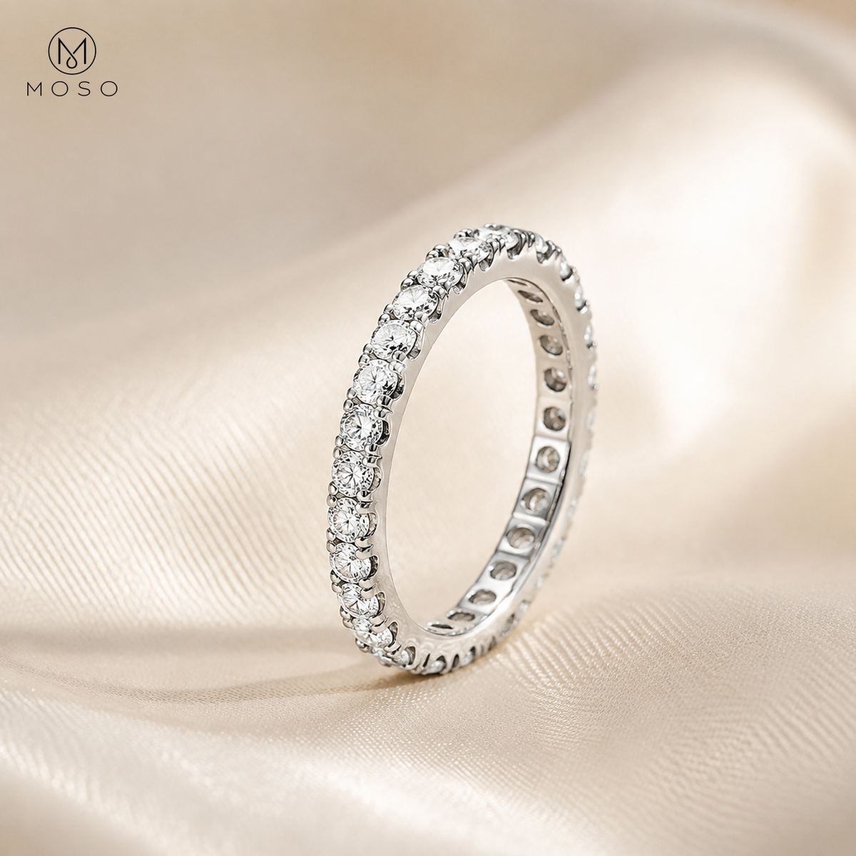 Ashley moissanite full eternity ring on ivory silk