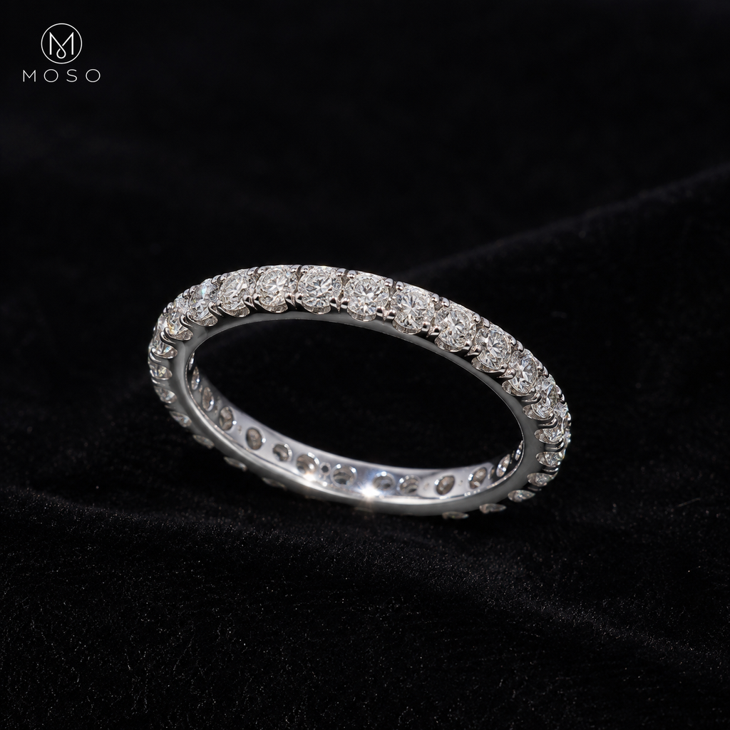 Ashley moissanite full eternity ring on black velvet