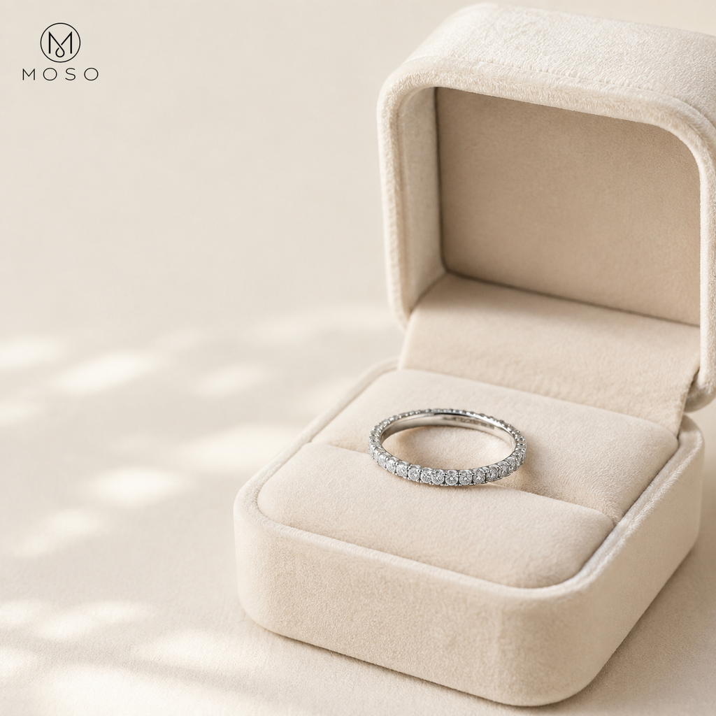 Ashley 2mm moissanite full eternity ring in an ivory jewellery box