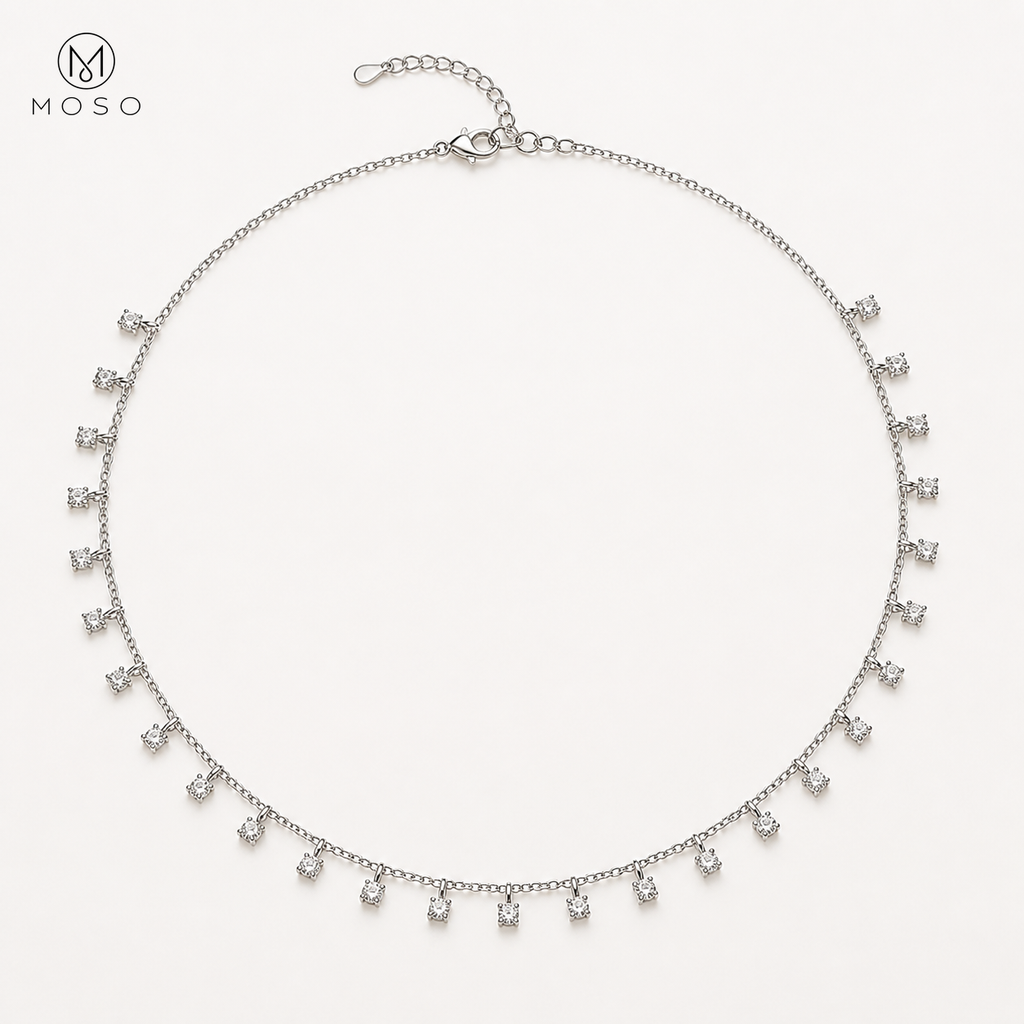 Aurora round moissanite drop station necklace in sterling silver, 3 mm, MOSO UAE