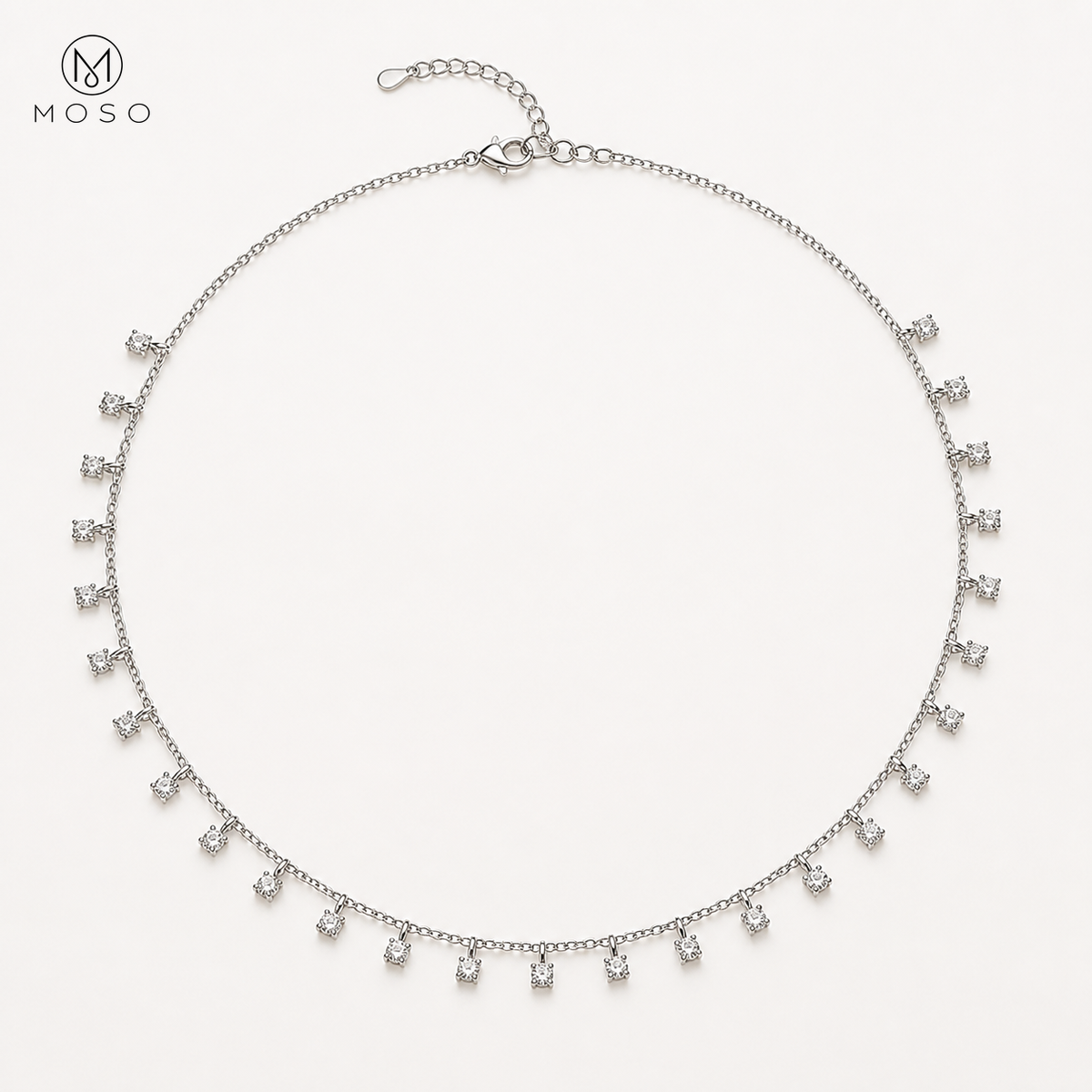 Aurora round moissanite drop station necklace in sterling silver, 3 mm, MOSO UAE