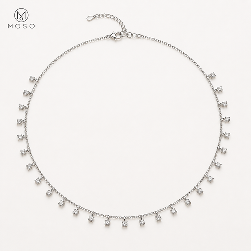 Aurora round moissanite drop station necklace in sterling silver, 3 mm, MOSO UAE