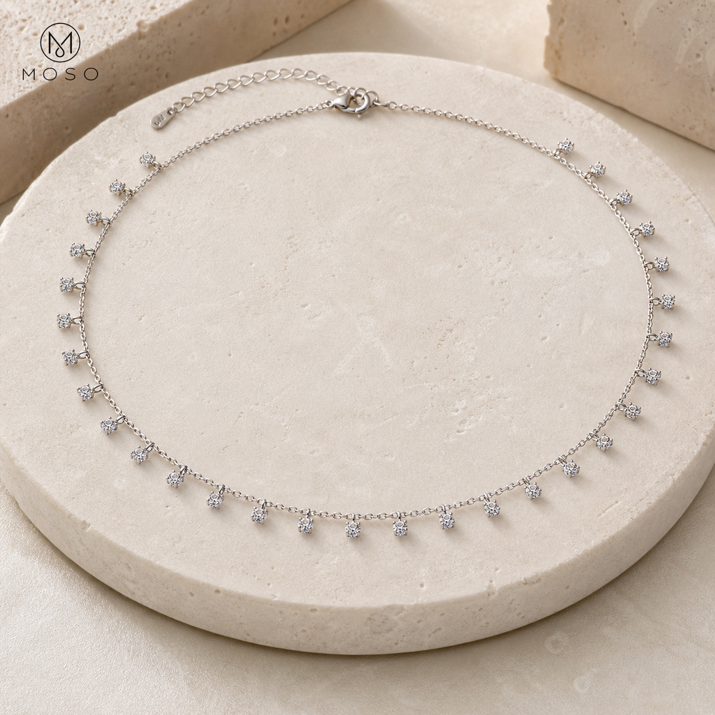 Aurora 3 mm round moissanite station necklace on ivory stone