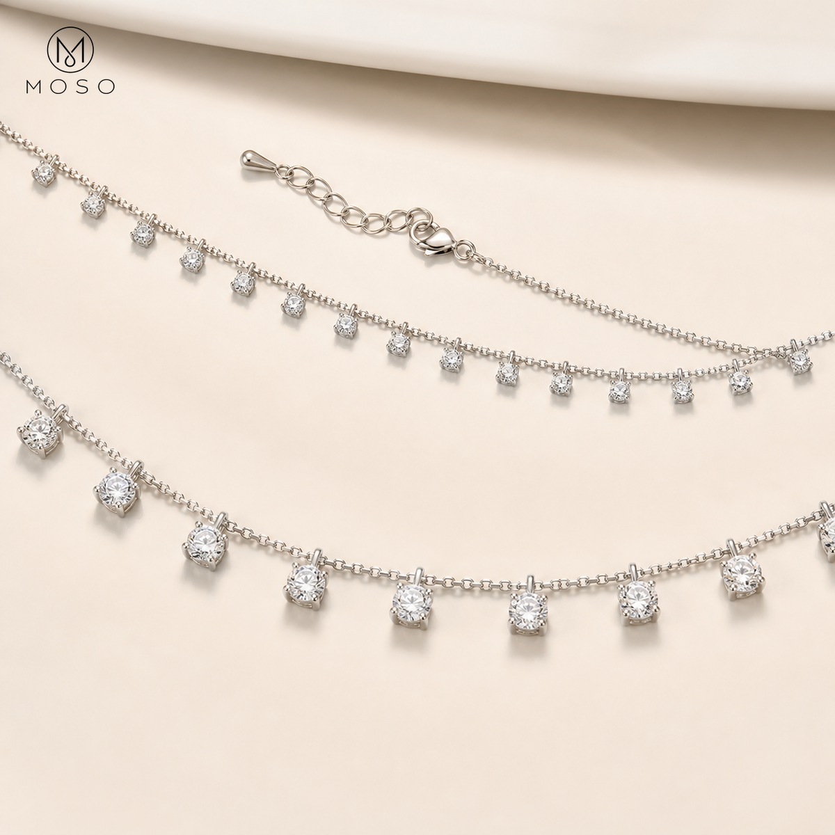 Aurora moissanite station necklace 3 mm and 4 mm size comparison