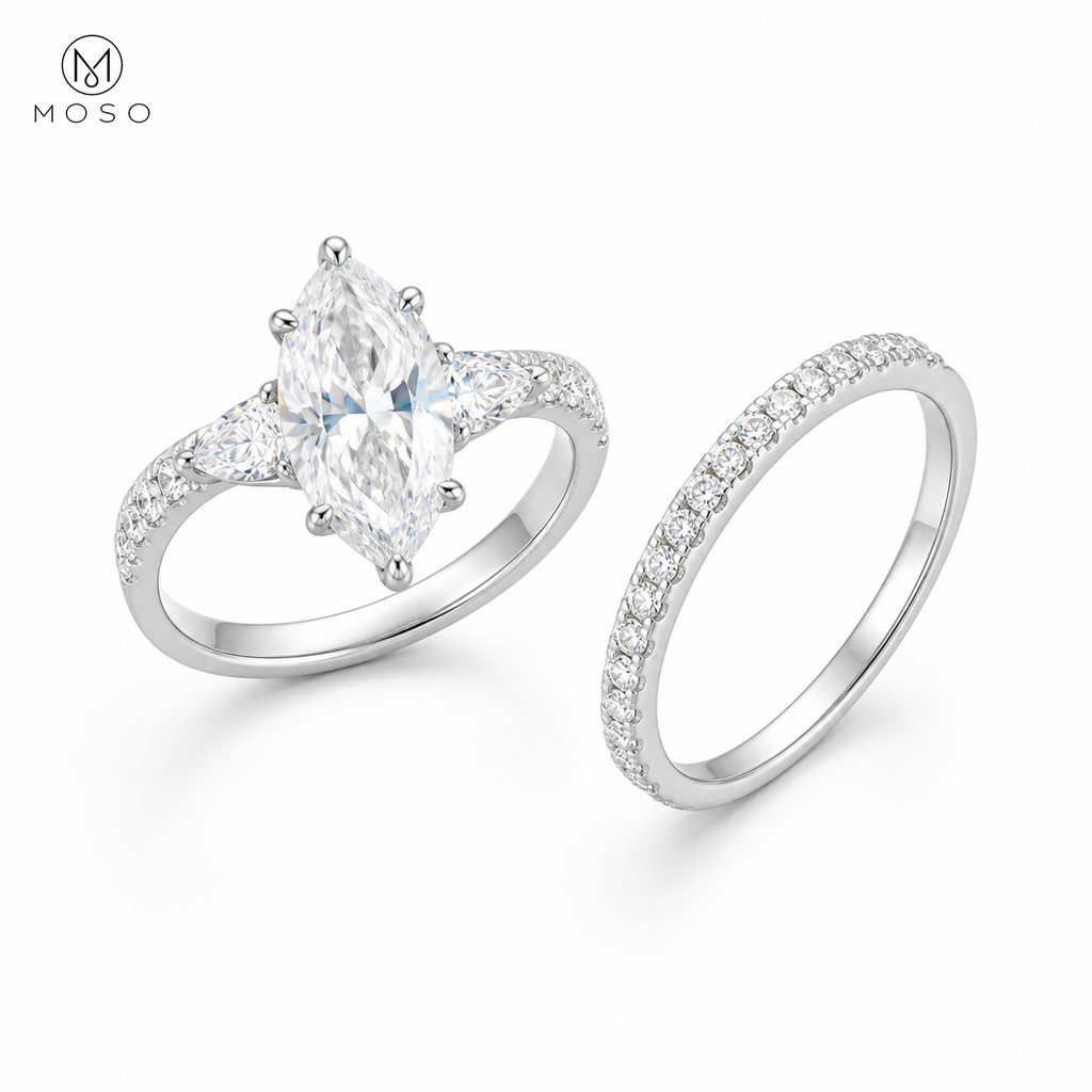 Avery 3ct marquise moissanite bridal set on white background