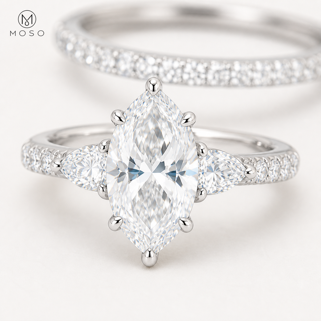 Avery 3ct marquise moissanite six prong setting detail