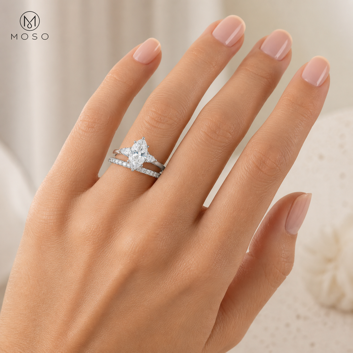 Avery marquise moissanite bridal set worn on hand