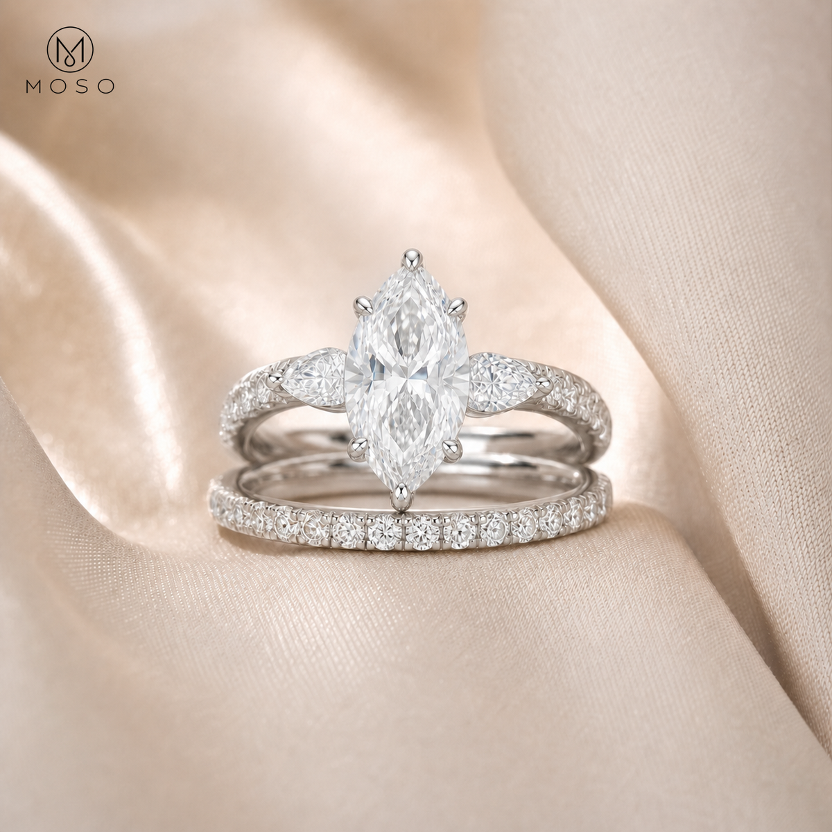 Avery marquise moissanite bridal set on champagne silk