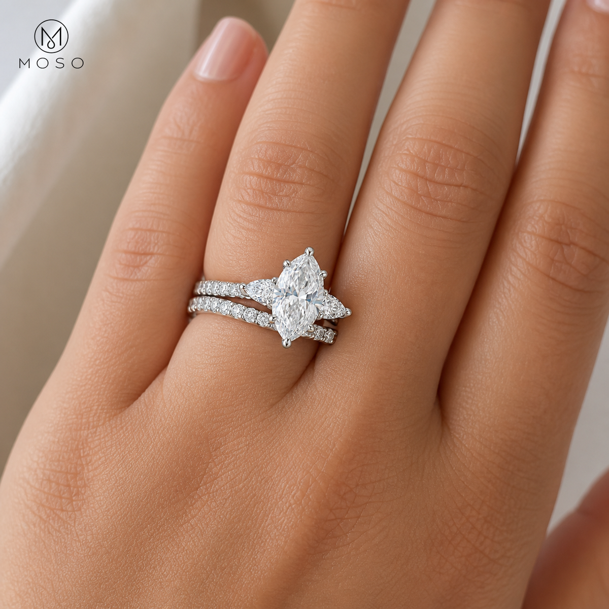 Avery 3 carat marquise moissanite ring set worn on hand