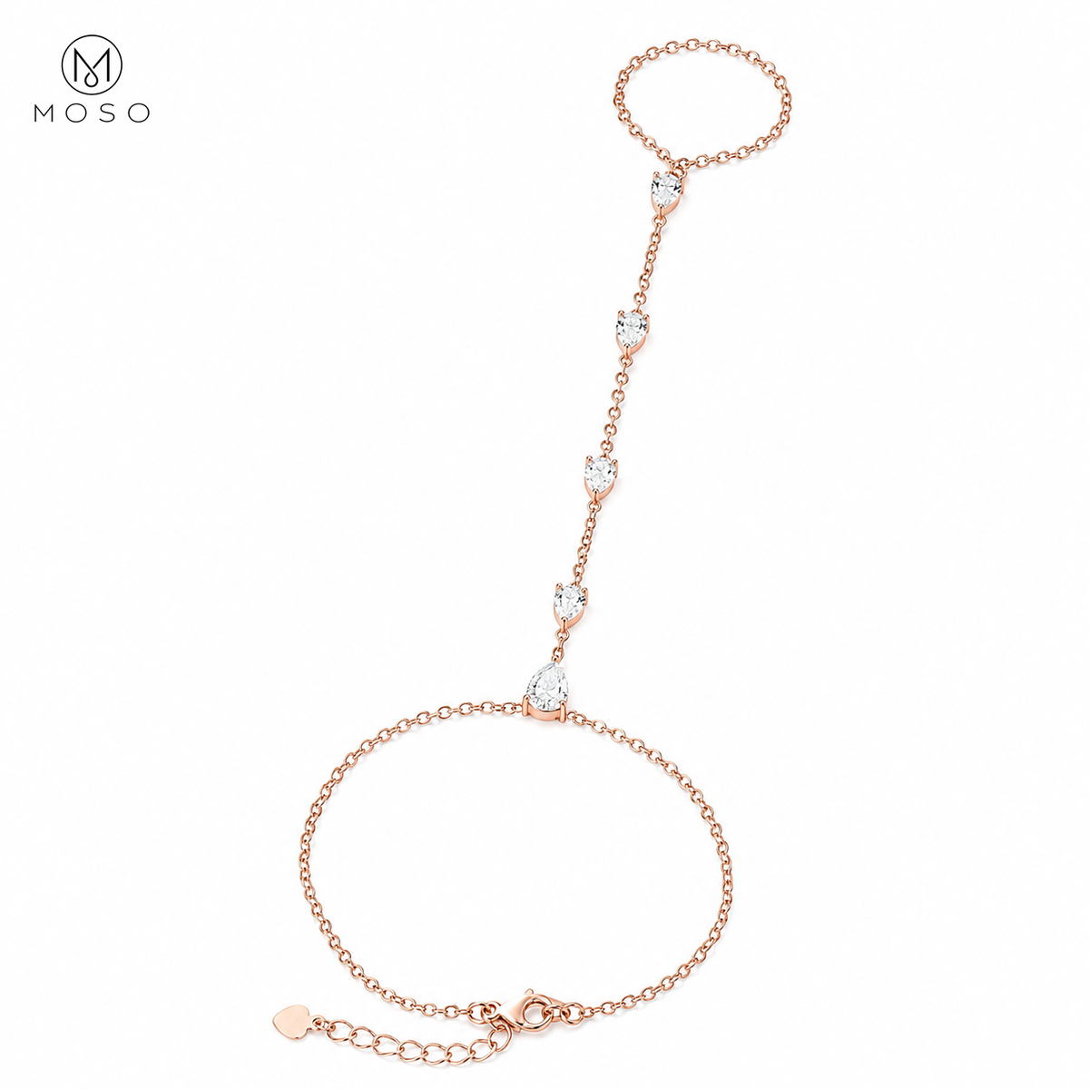 Brooklyn pear cut moissanite hand chain bracelet in rose gold colour on white