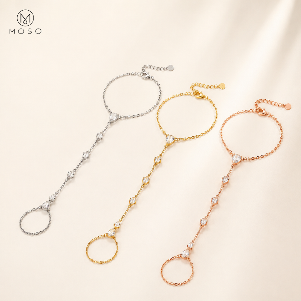 Brooklyn pear cut moissanite hand chain bracelet in silver gold and rose gold colours