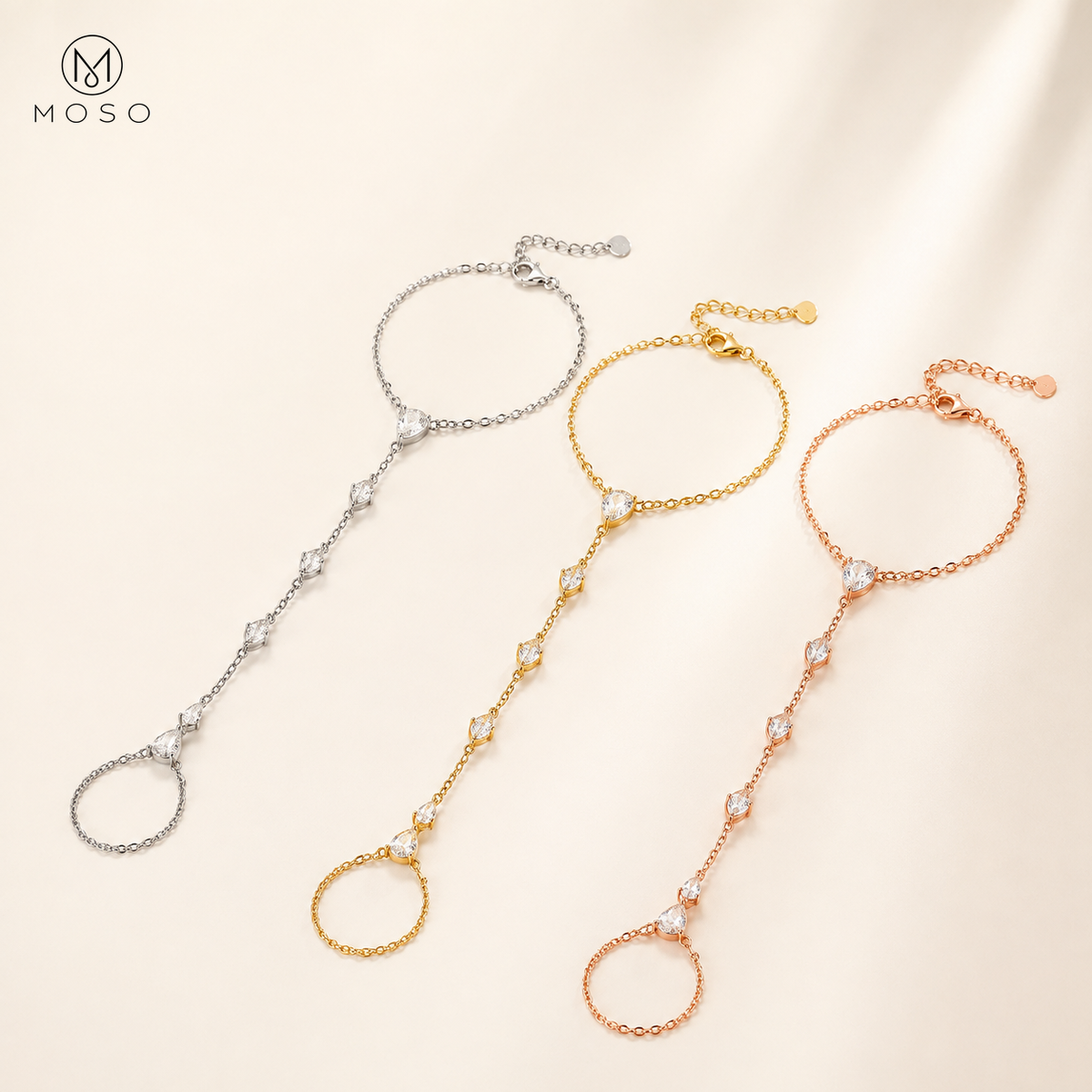 Brooklyn pear cut moissanite hand chain bracelet in silver gold and rose gold colours
