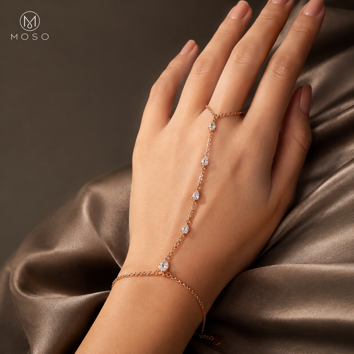 Brooklyn rose gold colour moissanite hand chain bracelet styled for evening