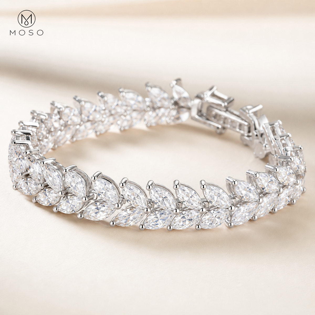 Macro of Camila two row 3 by 6 mm marquise moissanite bracelet