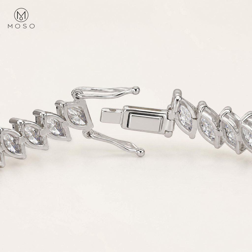 Camila moissanite tennis bracelet box clasp and safety arms