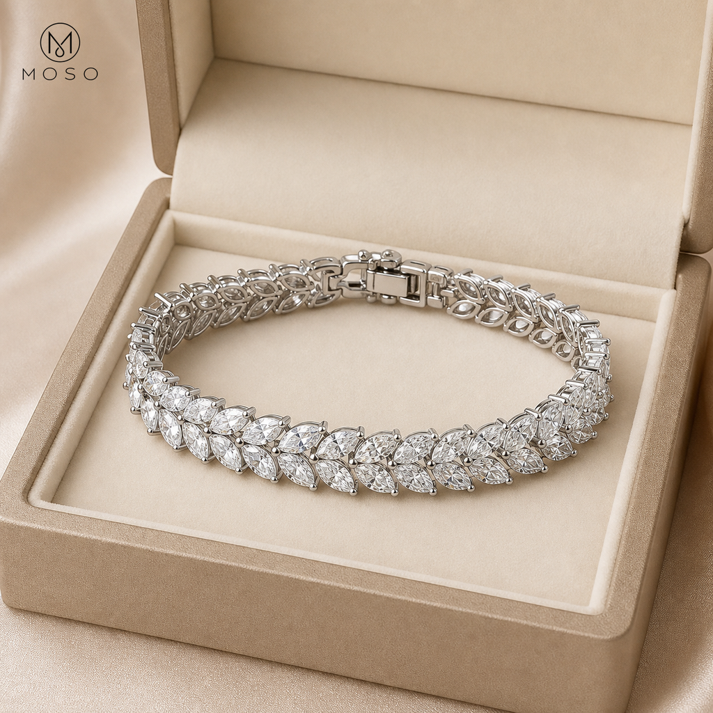 Camila two row marquise moissanite bracelet in beige jewellery box