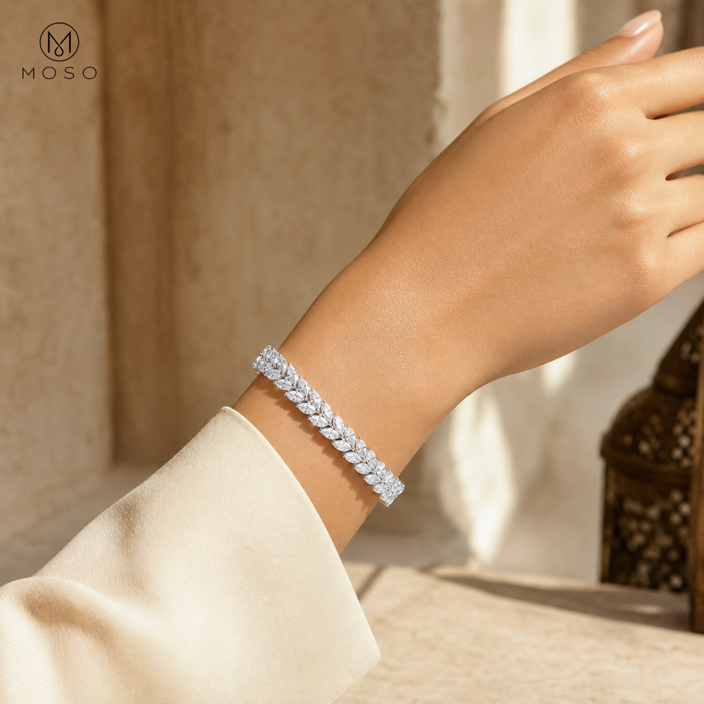 Woman wearing Camila one row marquise moissanite bracelet