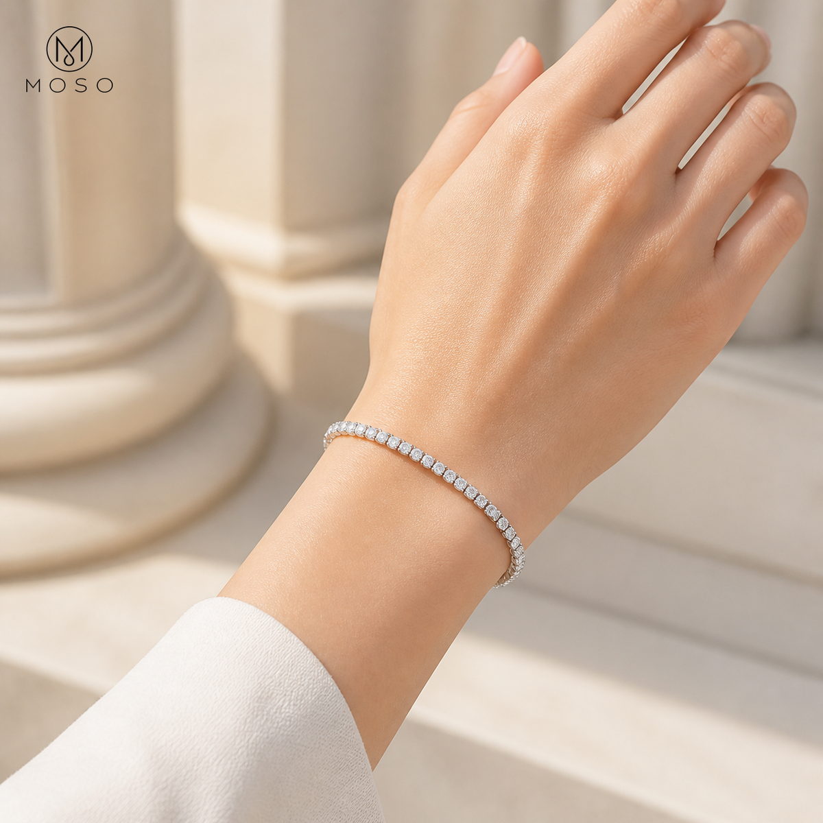 Woman wearing Camila 3 mm round moissanite tennis bracelet