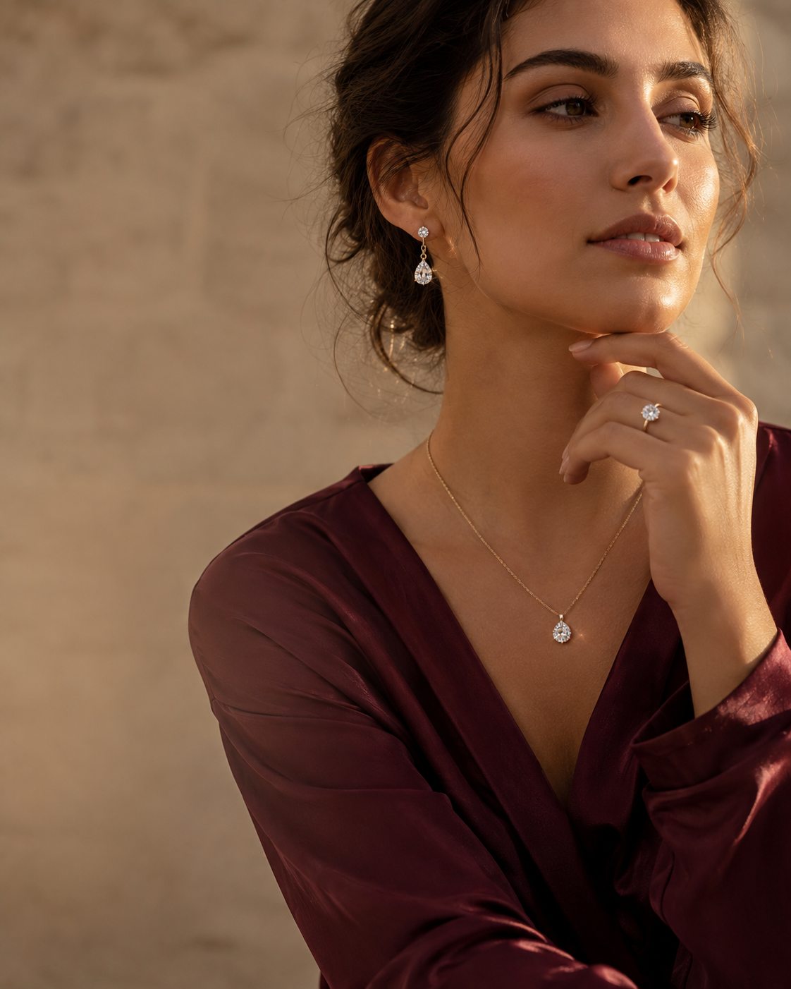 Woman wearing drop earrings, a pendant necklace and a ring with a burgundy blouse