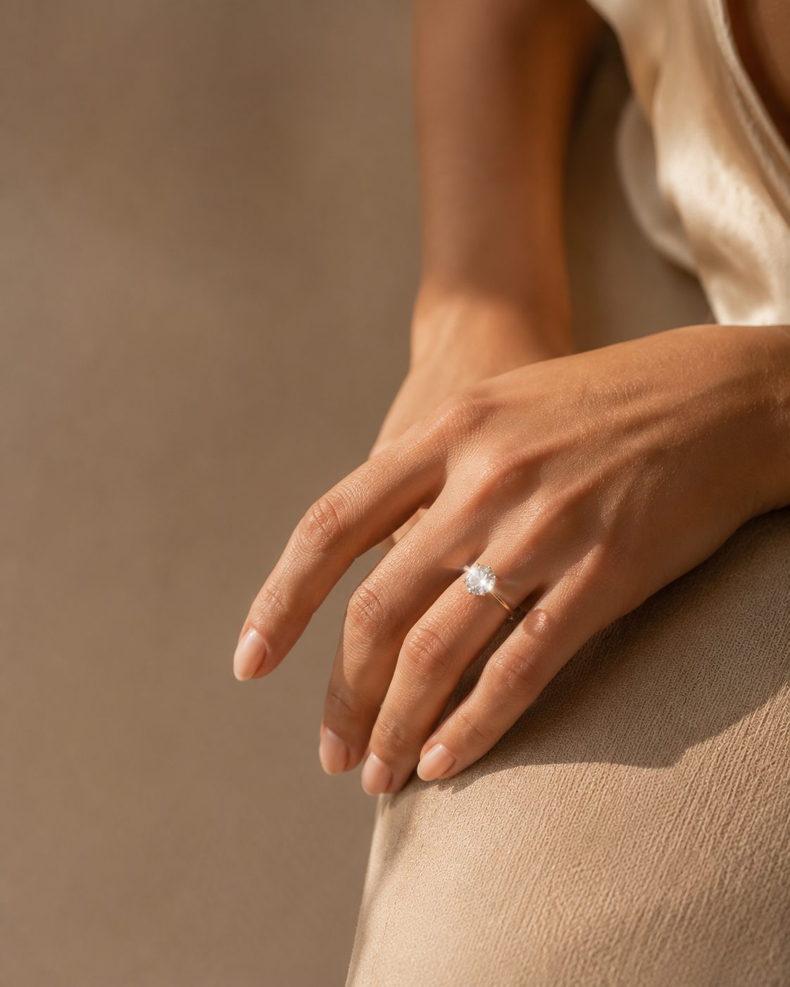 Round-stone solitaire ring on a hand resting on beige fabric