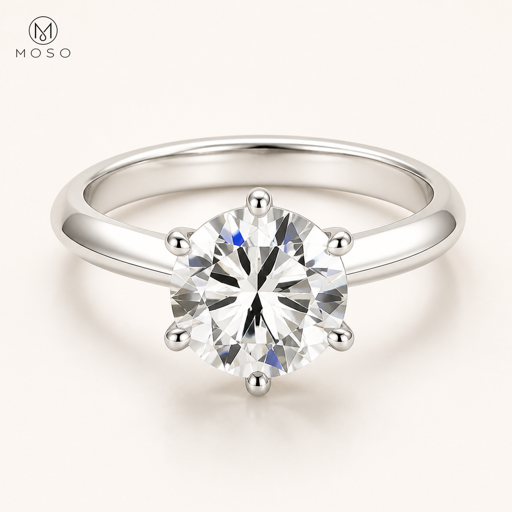 Charlotte round moissanite solitaire ring on ivory with MOSO logo